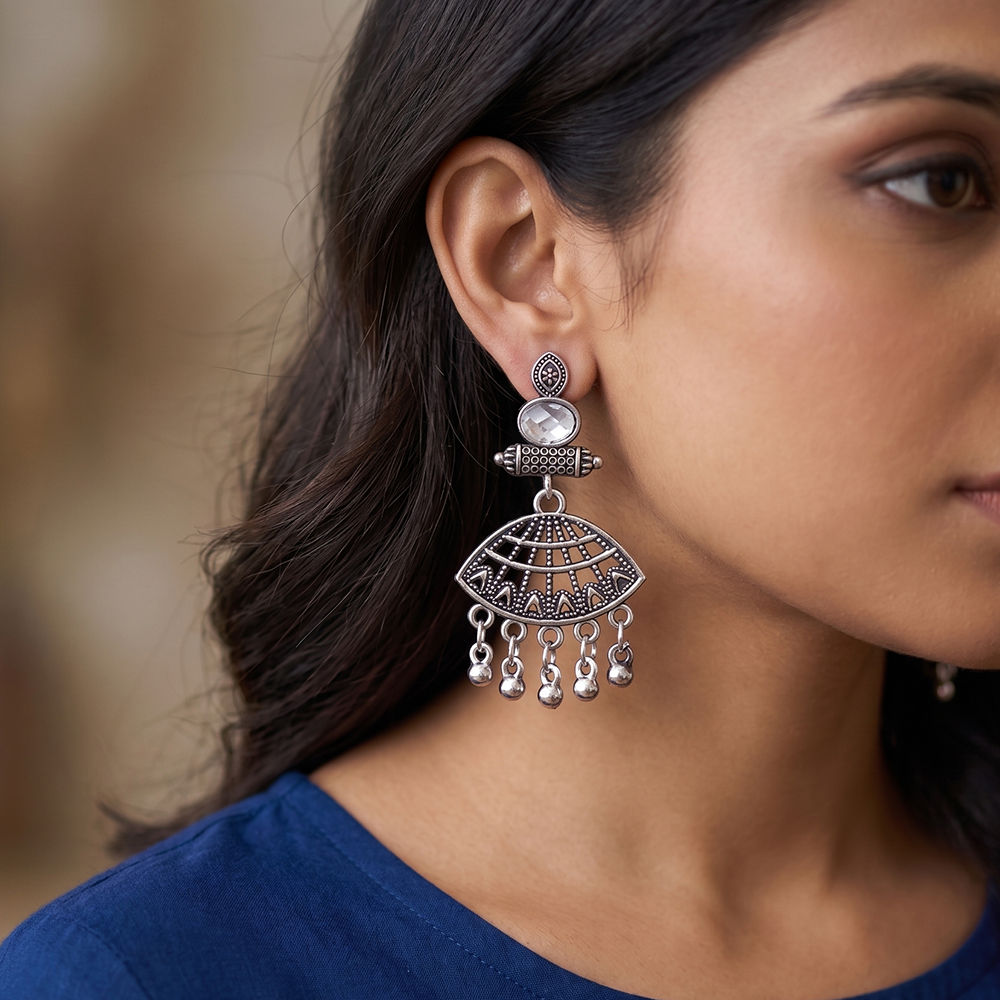 JewelMaze Oxidised Plated Crystal Stone & Pearl Dangler Earrings
