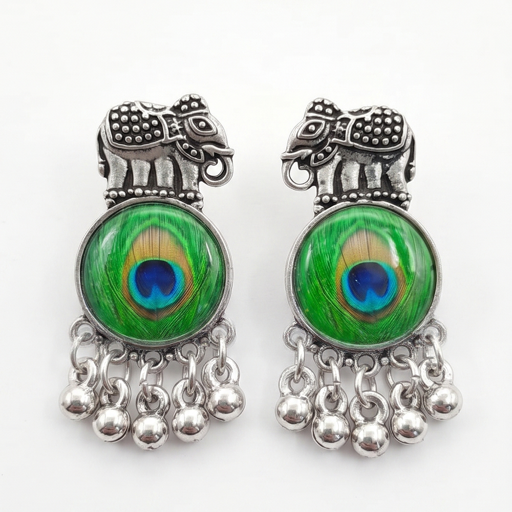 JewelMaze Oxidised Plated Peacock Inspired Elephant Dangler Earrings