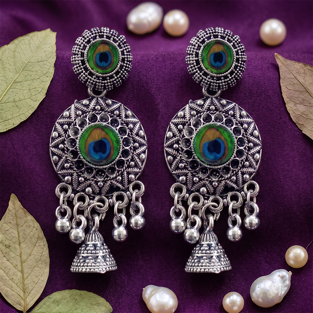 JewelMaze Oxidised Plated Peacock Inspired Jhumki Earrings
