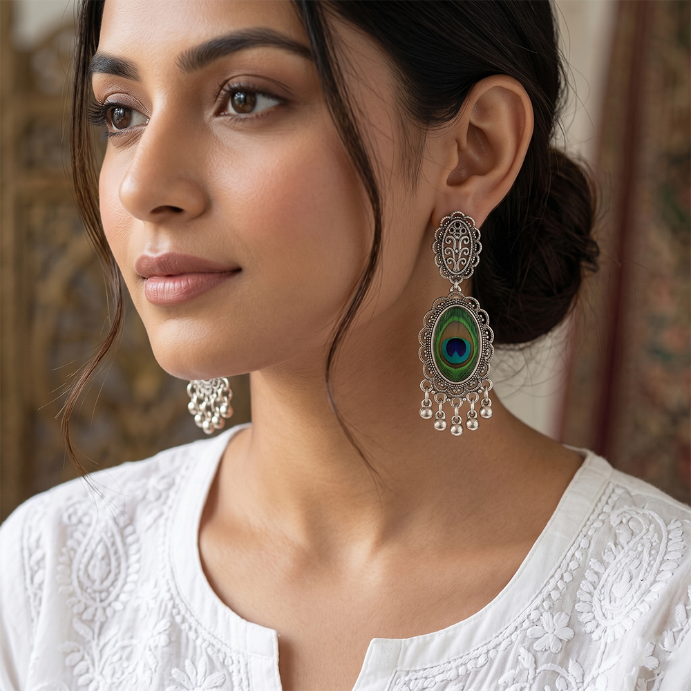 JewelMaze Oxidised Plated Peacock Inspired Dangler Earrings