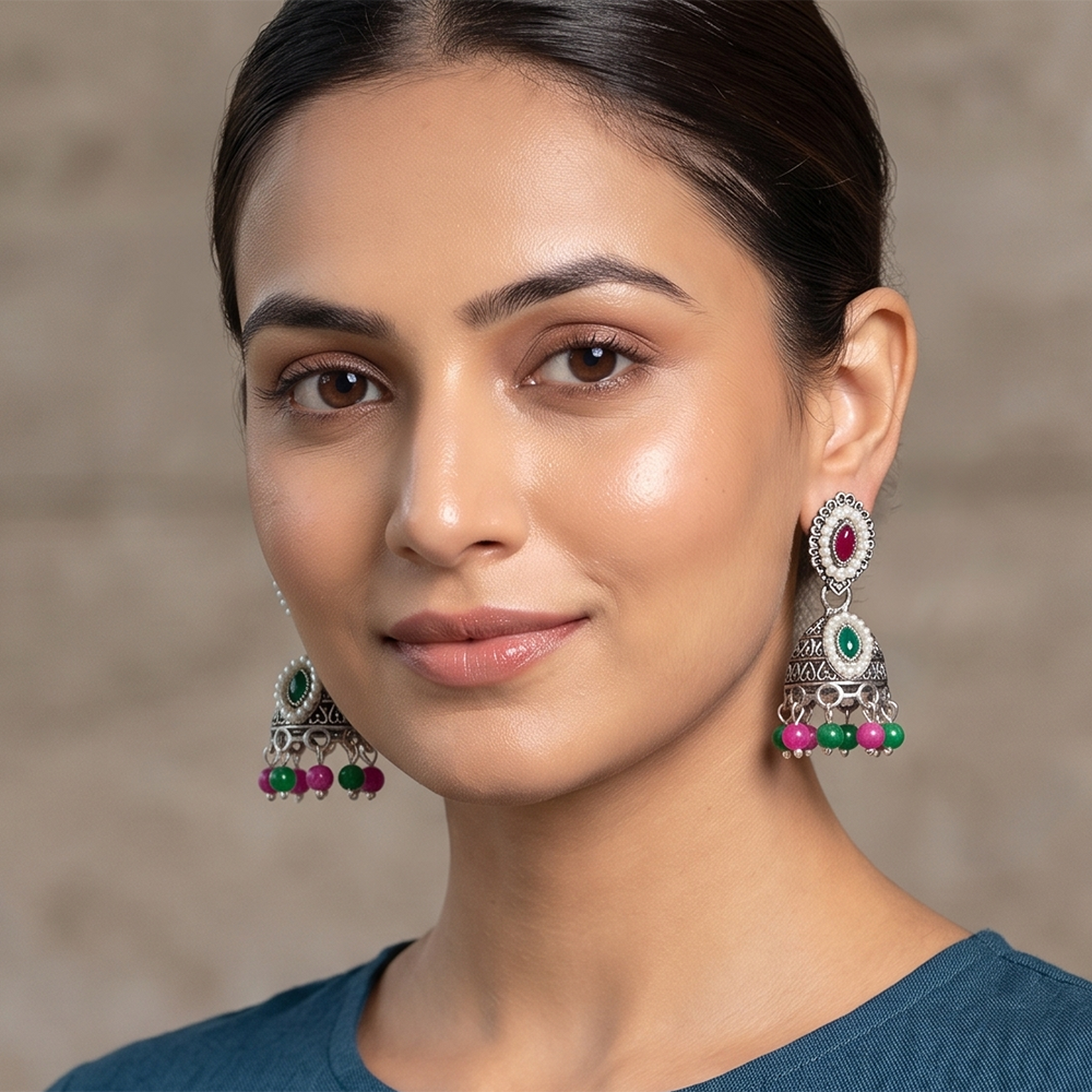 JewelMaze Oxidised Plated Pota Stone & Pearl Jhumki Earrings