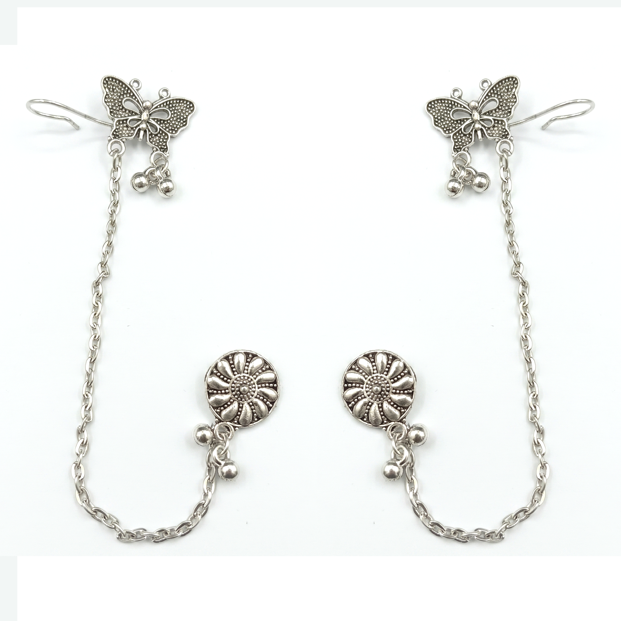 JewelMaze Oxidised Butterfly Chain Ear Cuff Earrings