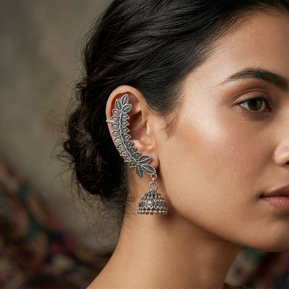 JewelMaze Oxidised Plated Floral Jhumki Ear Cuff For Women And Girls