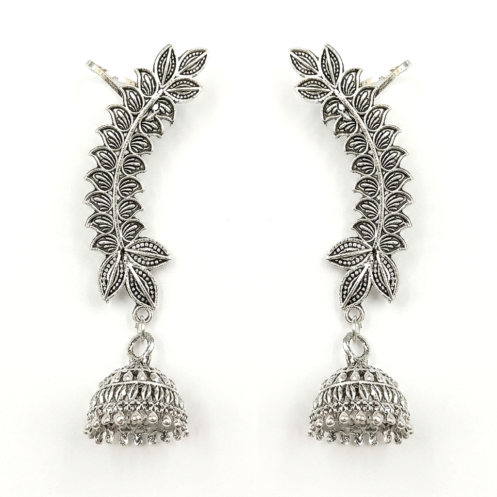 JewelMaze Oxidised Plated Floral Jhumki Ear Cuff For Women And Girls