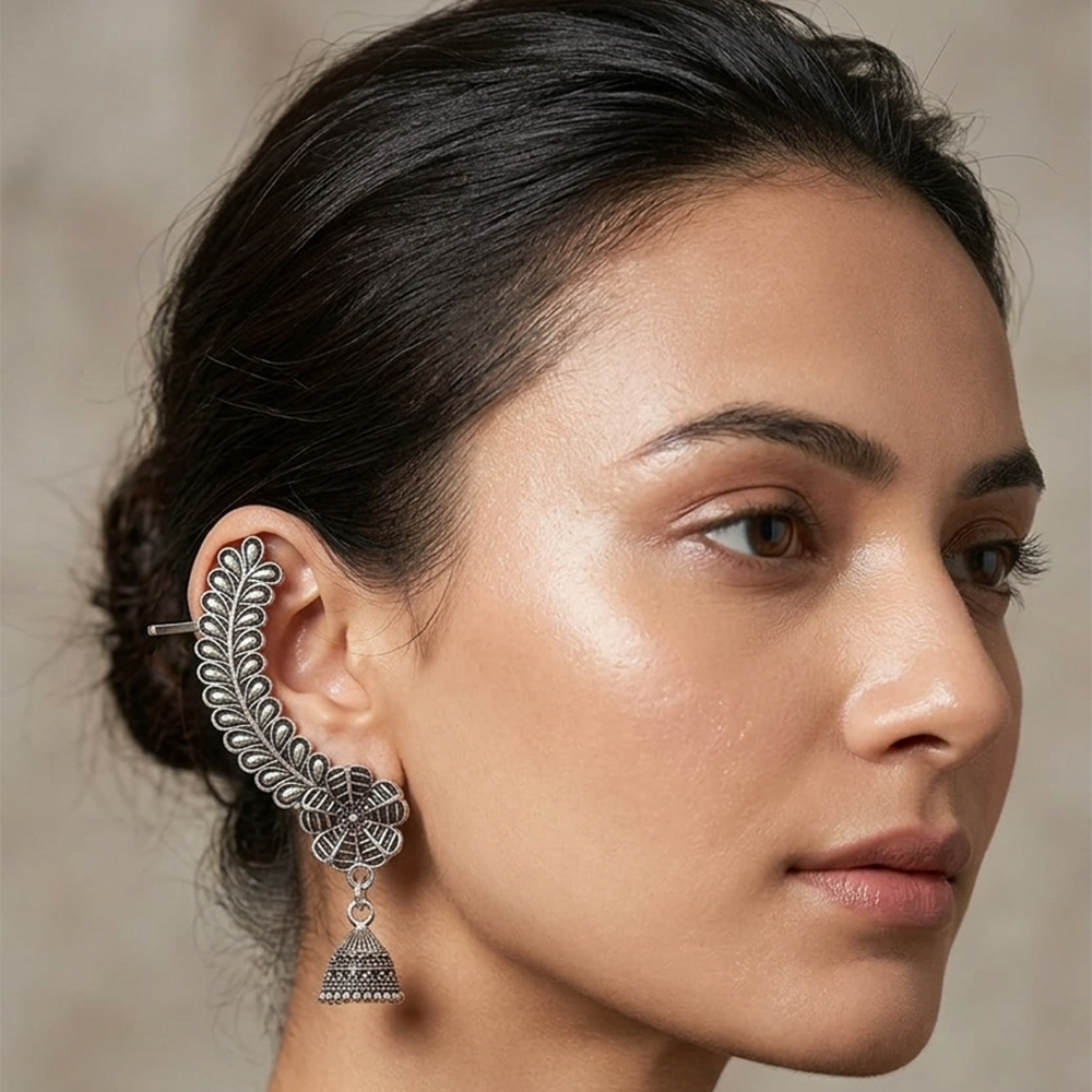 JewelMaze Oxidised Plated Peacock And flower Ear Cuff For Women And Girls