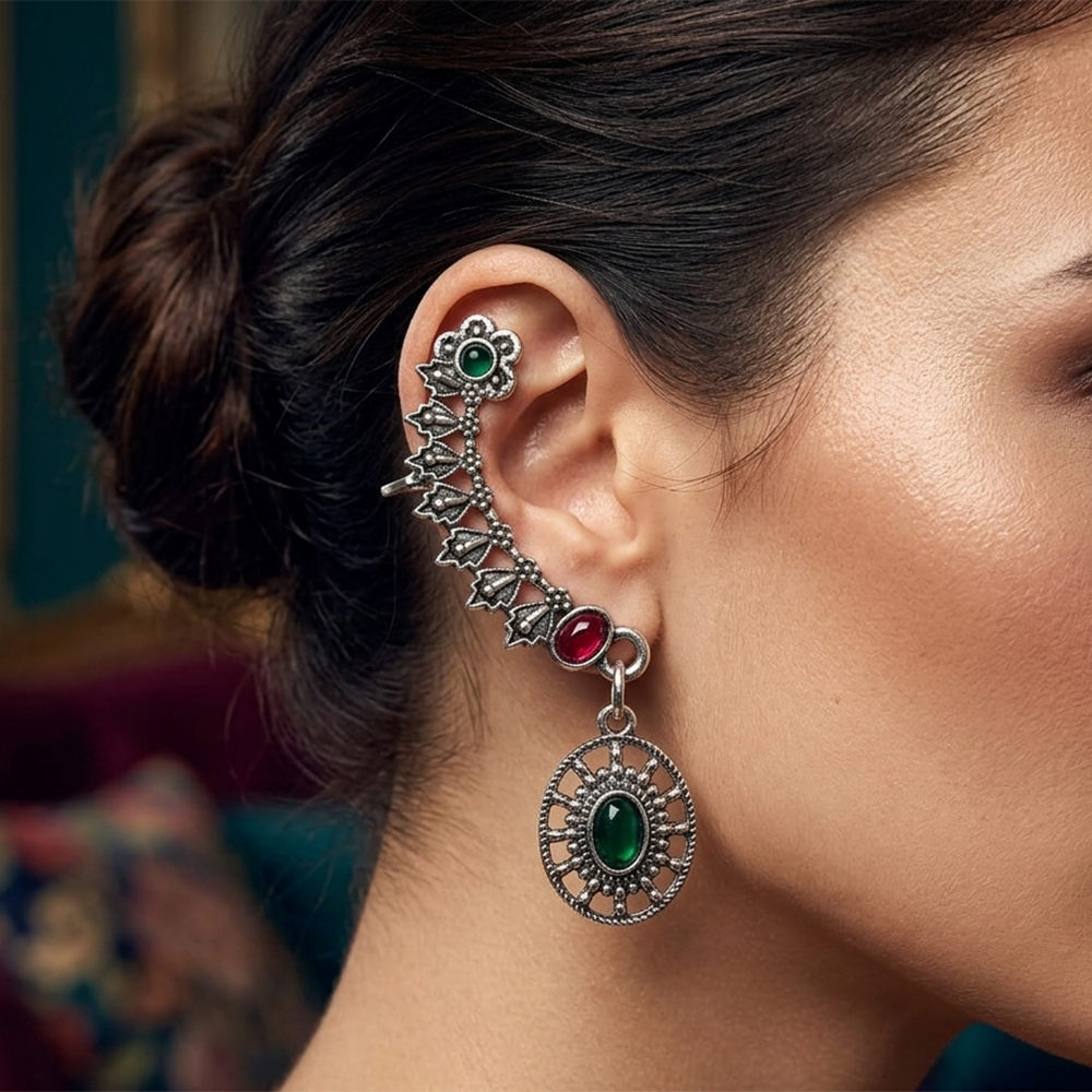 JewelMaze Oxidised Plated Pink And Green Ear Cuff For Women And Girls