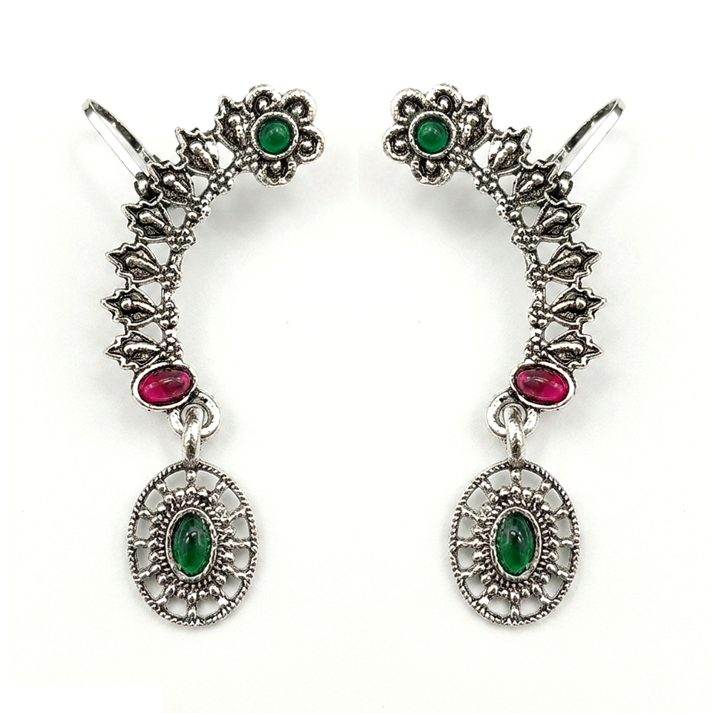 JewelMaze Oxidised Plated Pink And Green Ear Cuff For Women And Girls