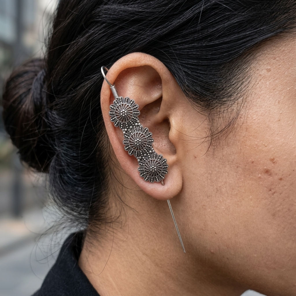 JewelMaze Oxidised Plated Floral Earcuff