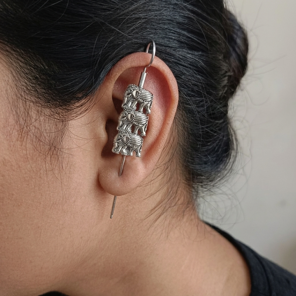 JewelMaze Oxidised Plated Elephant Earcuff