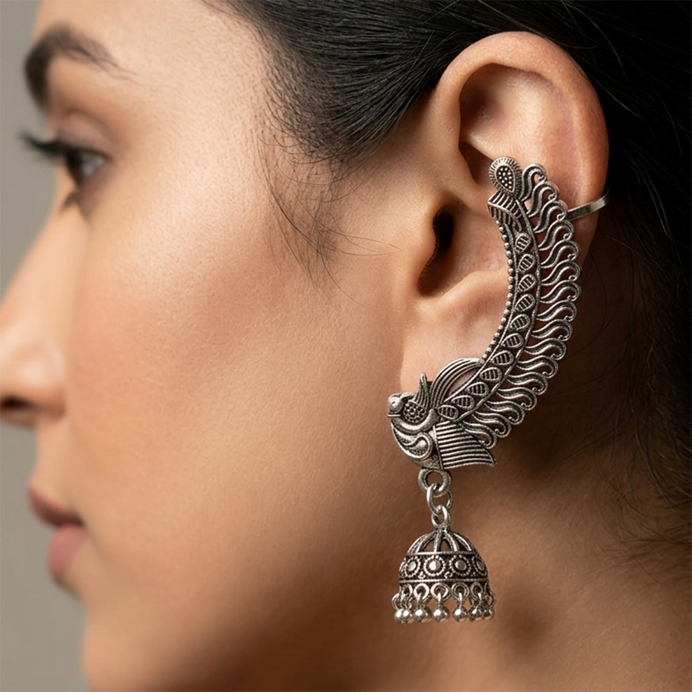 JewelMaze Oxidised Plated Peacock Ear Cuff For Women And Girls