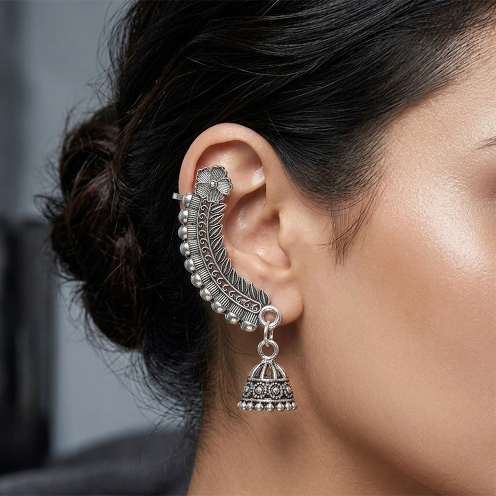 JewelMaze Oxidised Plated Floral Ear Cuff For Women And Girls
