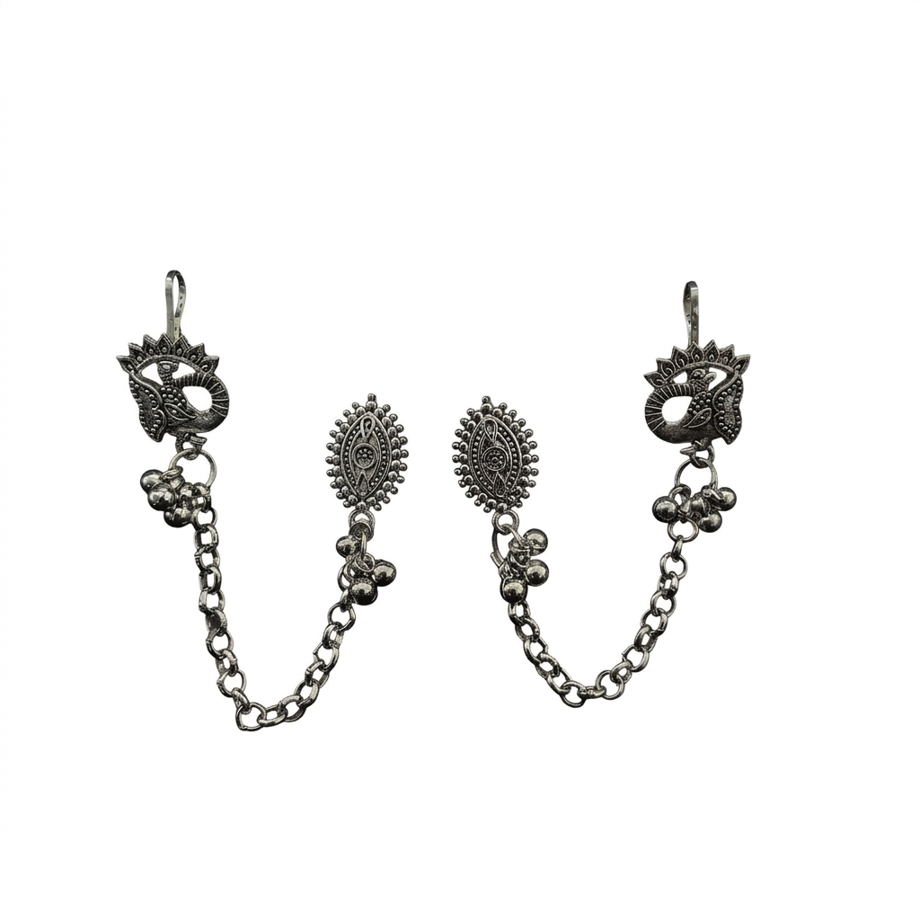 JewelMaze Oxidised Peacock Indo Western Chain Ear Cuff Earrings