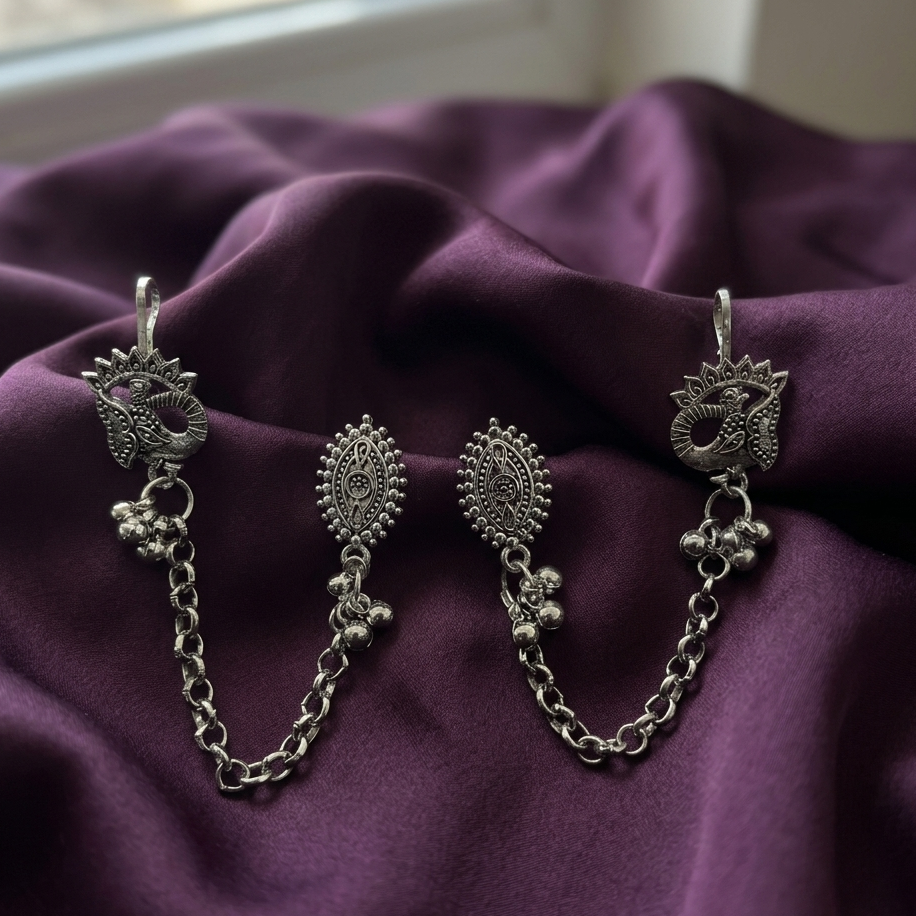 JewelMaze Oxidised Peacock Indo Western Chain Ear Cuff Earrings