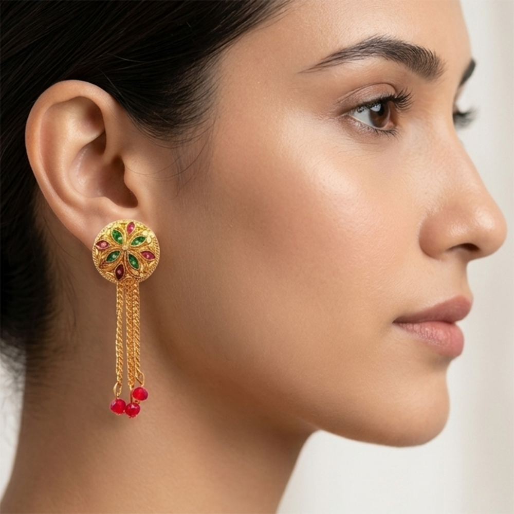 JewelMaze Gold Plated Traditional Dangler Tassel Earrings