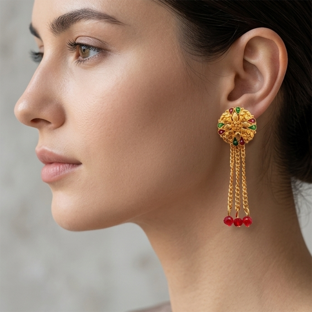 JewelMaze Gold Plated Traditional Dangler Tassel Earrings