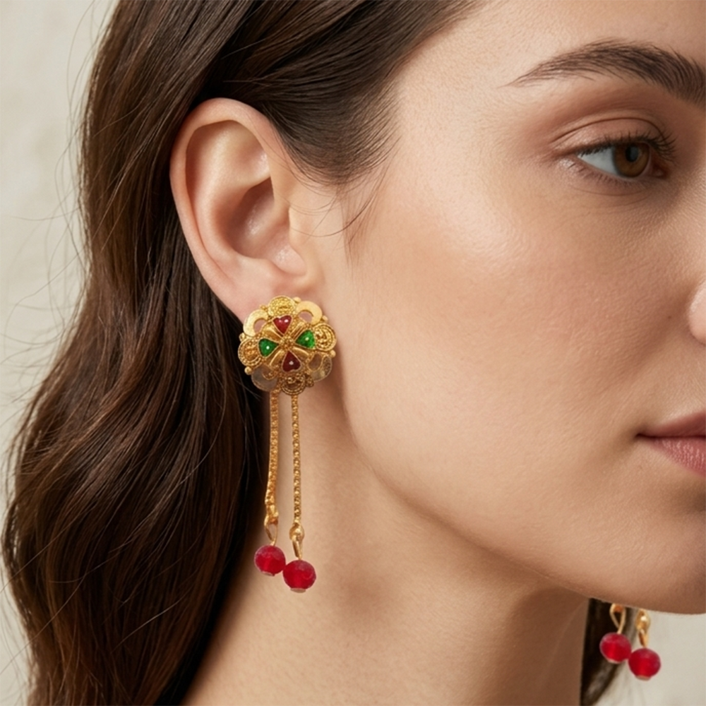 JewelMaze Gold Plated Traditional Dangler Tassel Earrings