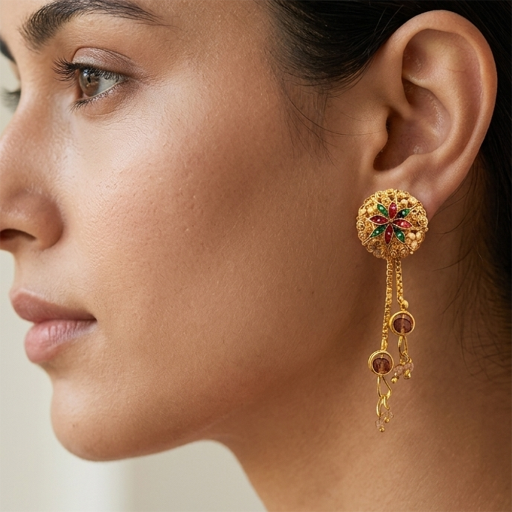 JewelMaze Gold Plated Traditional Dangler Tassel Earrings