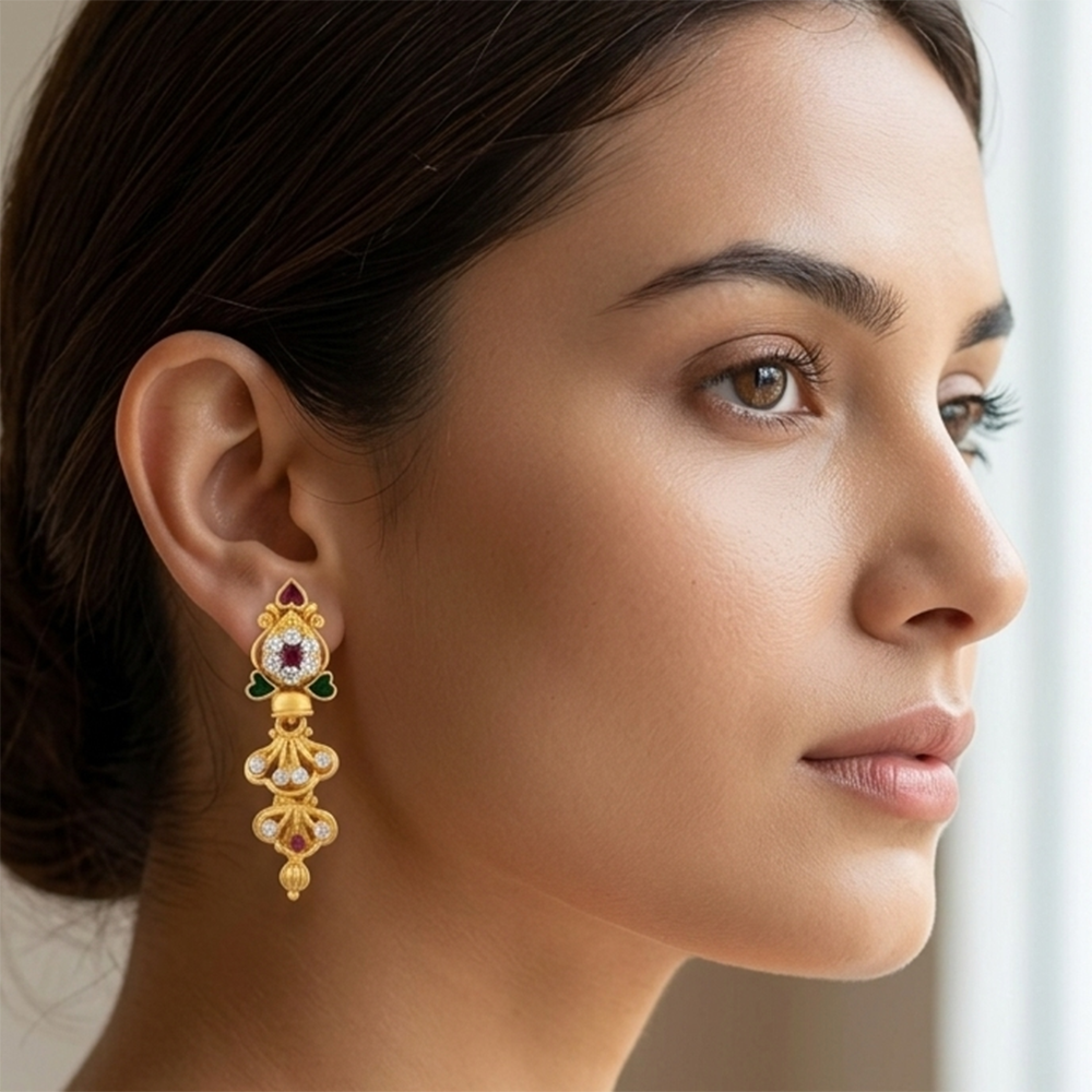 JewelMaze Gold Plated Traditional Small Dangler Earrings