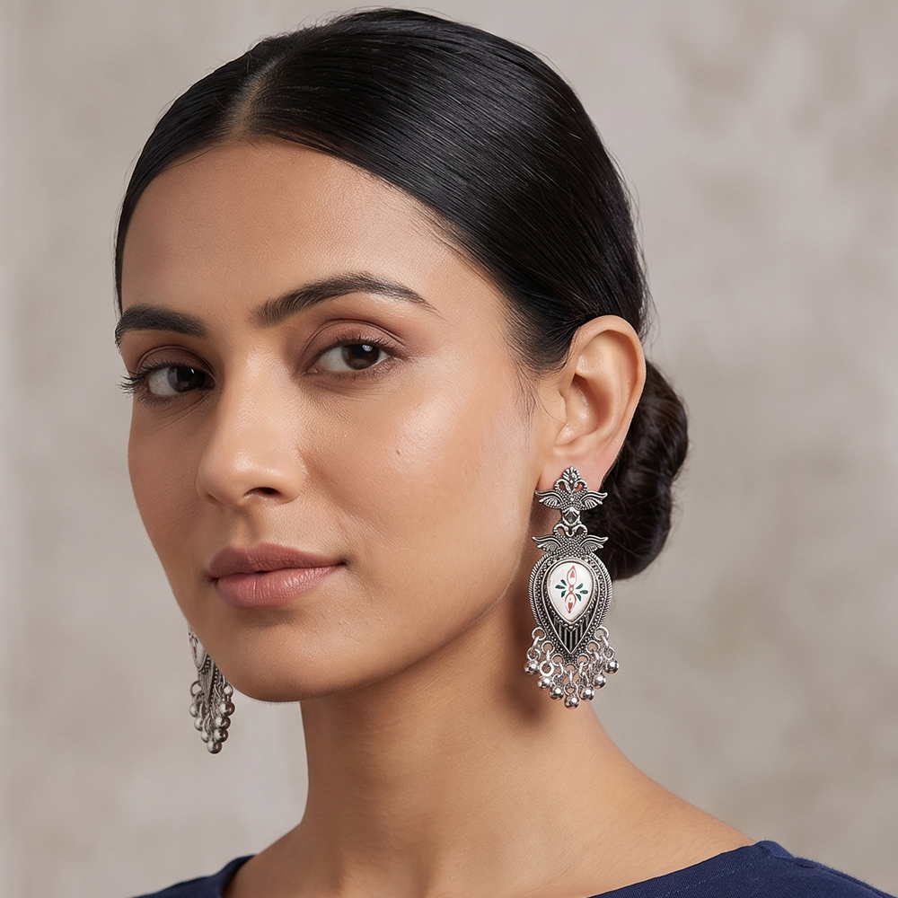 JewelMaze Oxidised Plated Pearl Dangler Earrings
