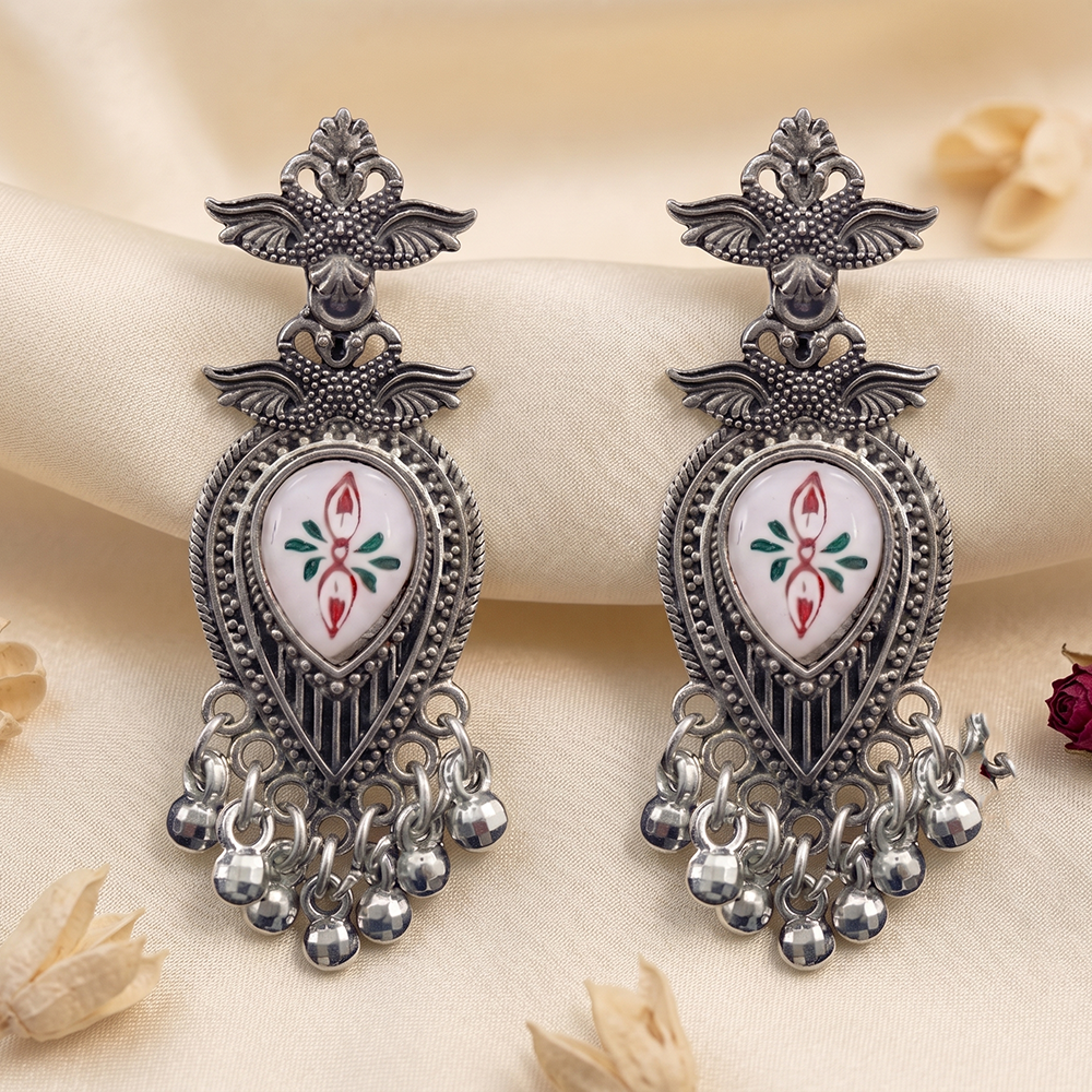 JewelMaze Oxidised Plated Pearl Dangler Earrings
