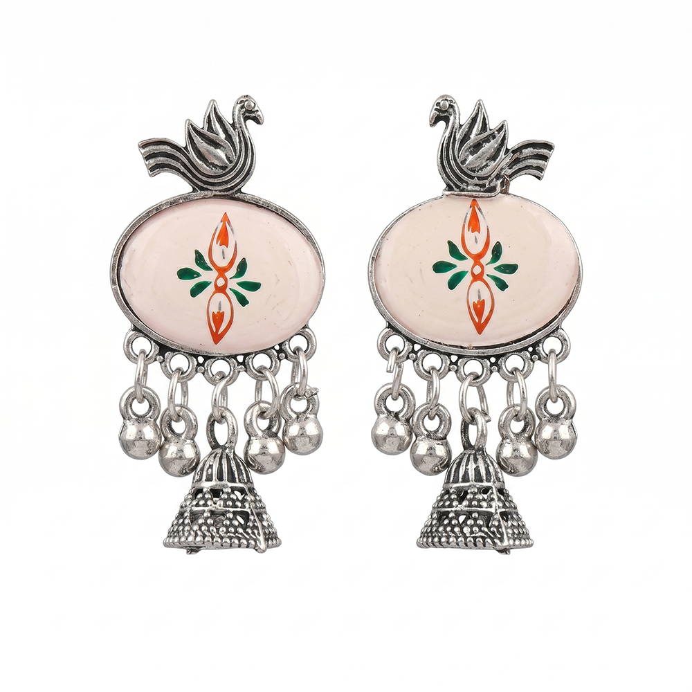 JewelMaze Oxidised Plated Pearl Bird Jhumki Earrings