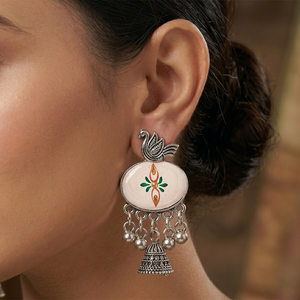 JewelMaze Oxidised Plated Pearl Bird Jhumki Earrings
