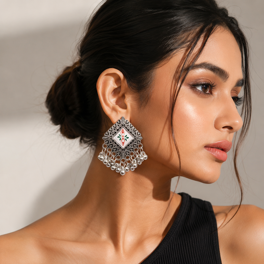 JewelMaze Boho Style Pearl Oxidised Hanging Earrings