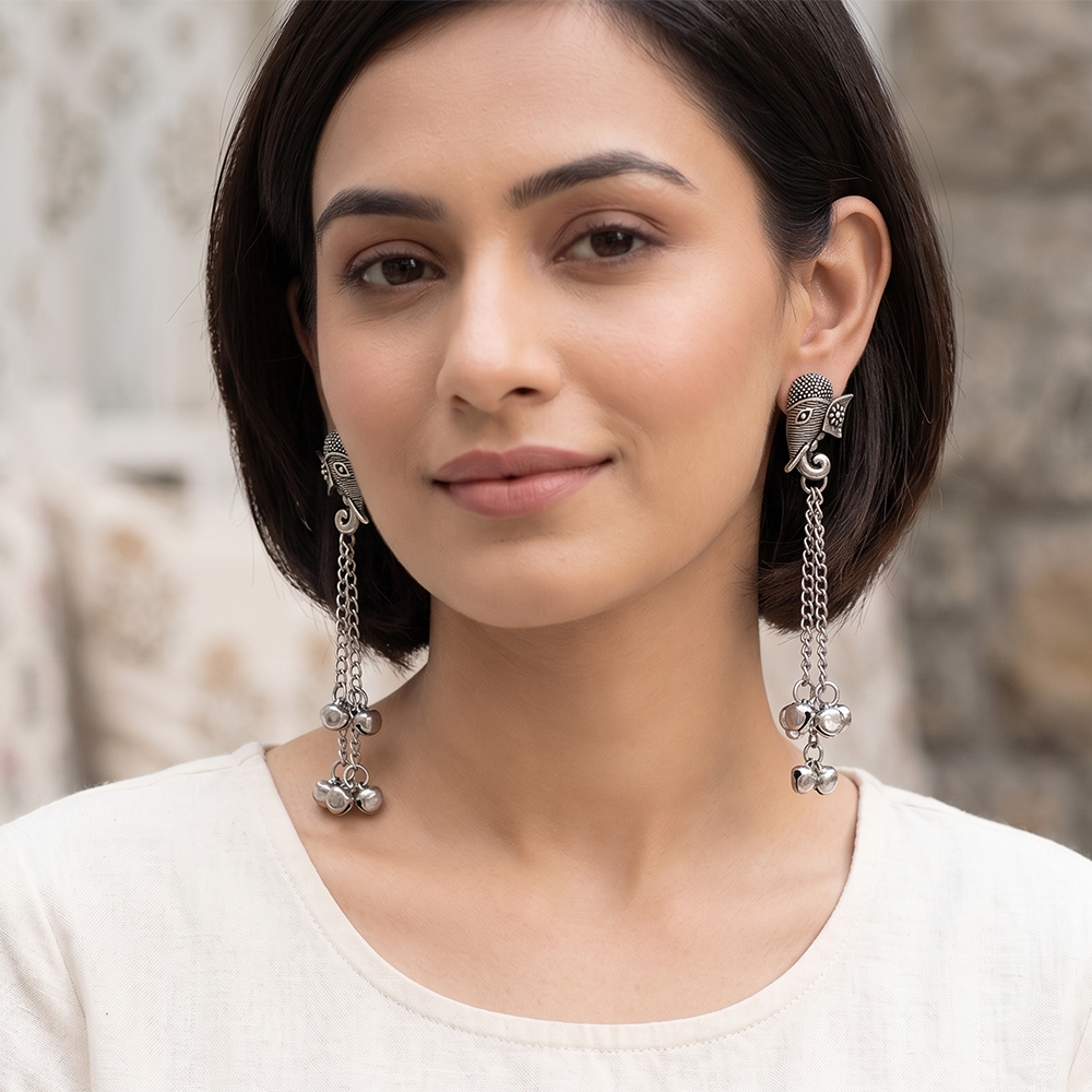JewelMaze Oxidised Plated Elephant Kashmiri Ghungroo Dangler Earrings