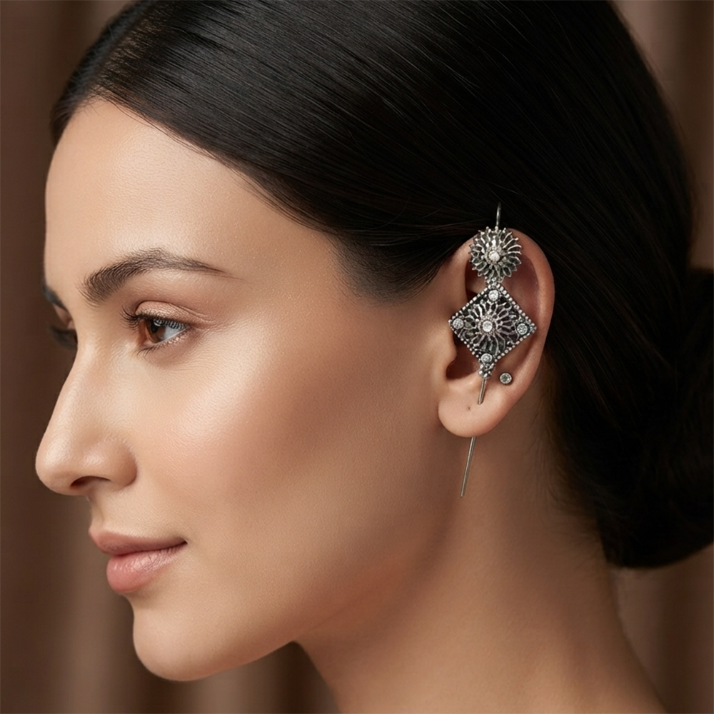 JewelMaze Oxidised Plated Square Ear cuff