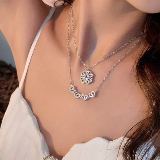 JewelMaze Hyacinth 4-pcs Zircon Heart Magnetic Clover Necklace - NS10186A