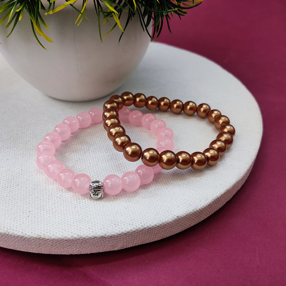 JewelMaze Pink & Brown With Buddha Beads Bracelet Combo- 1404710
