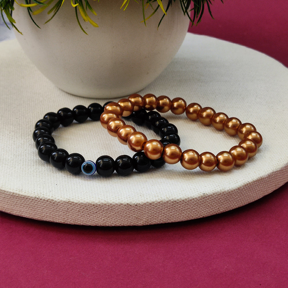 JewelMaze Black Obsidian with Evil Eye Beads Bracelet Combo- 1404711