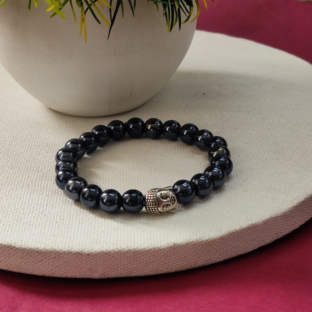 JewelMaze Black Onyx Beads Bracelet with Buddha - 1404720