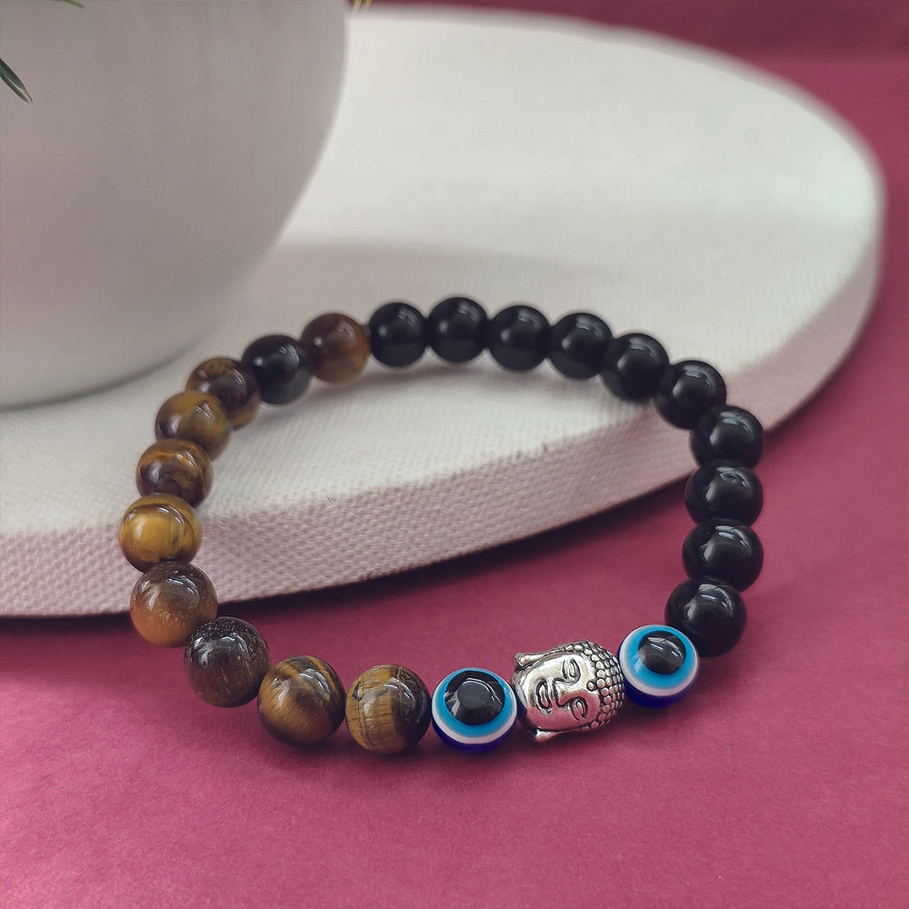 JewelMaze Mindful Harmony Tiger Eye Bracelet with Buddha & Evil Eye Details