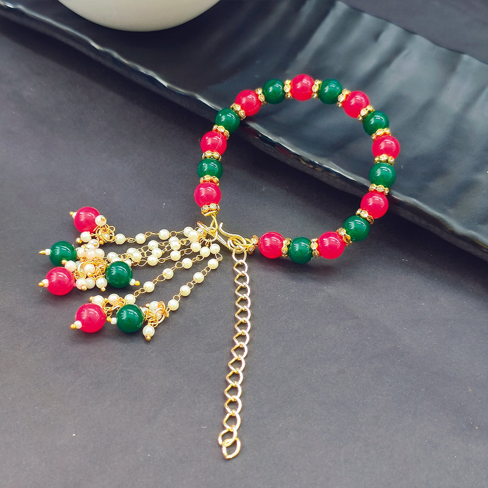 JewelMaze Festive Green & Maroon Beaded Bracelet with Pearl Tassel
