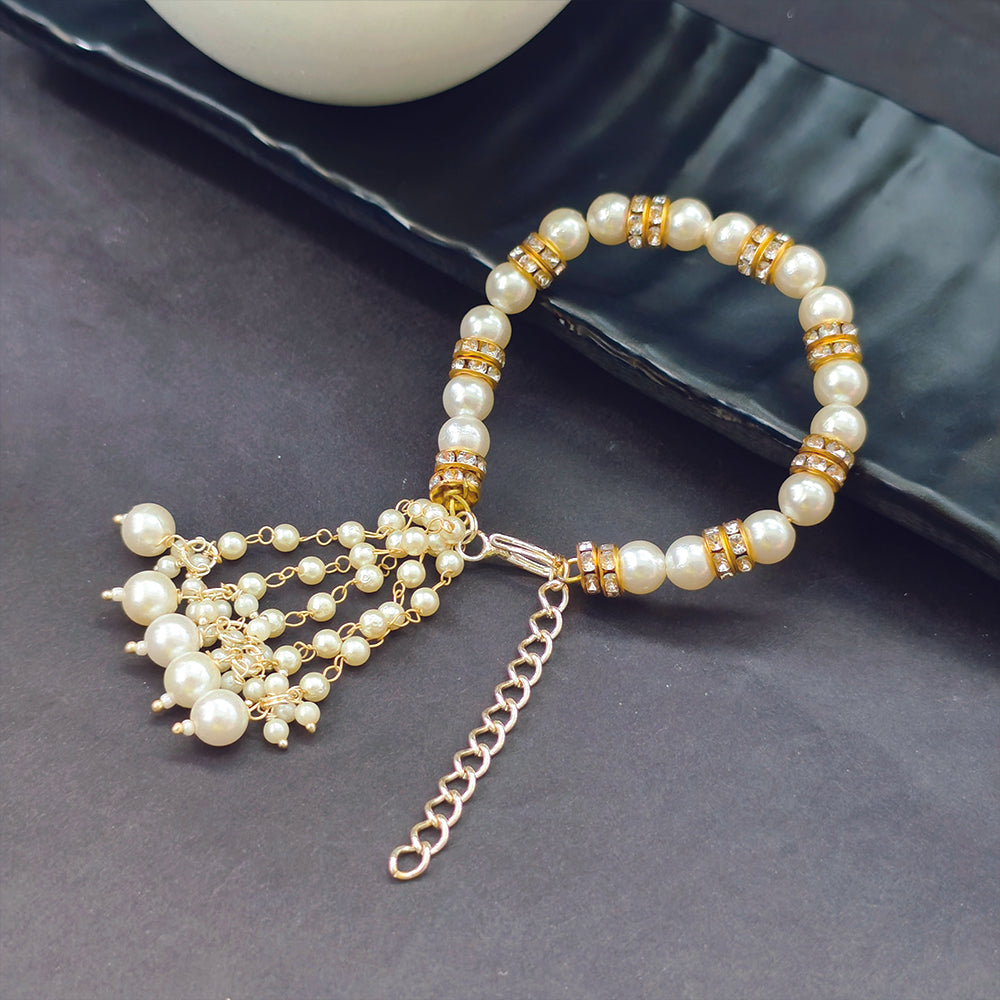 JewelMaze Elegant Pearl Beaded Bracelet with Golden Tassel