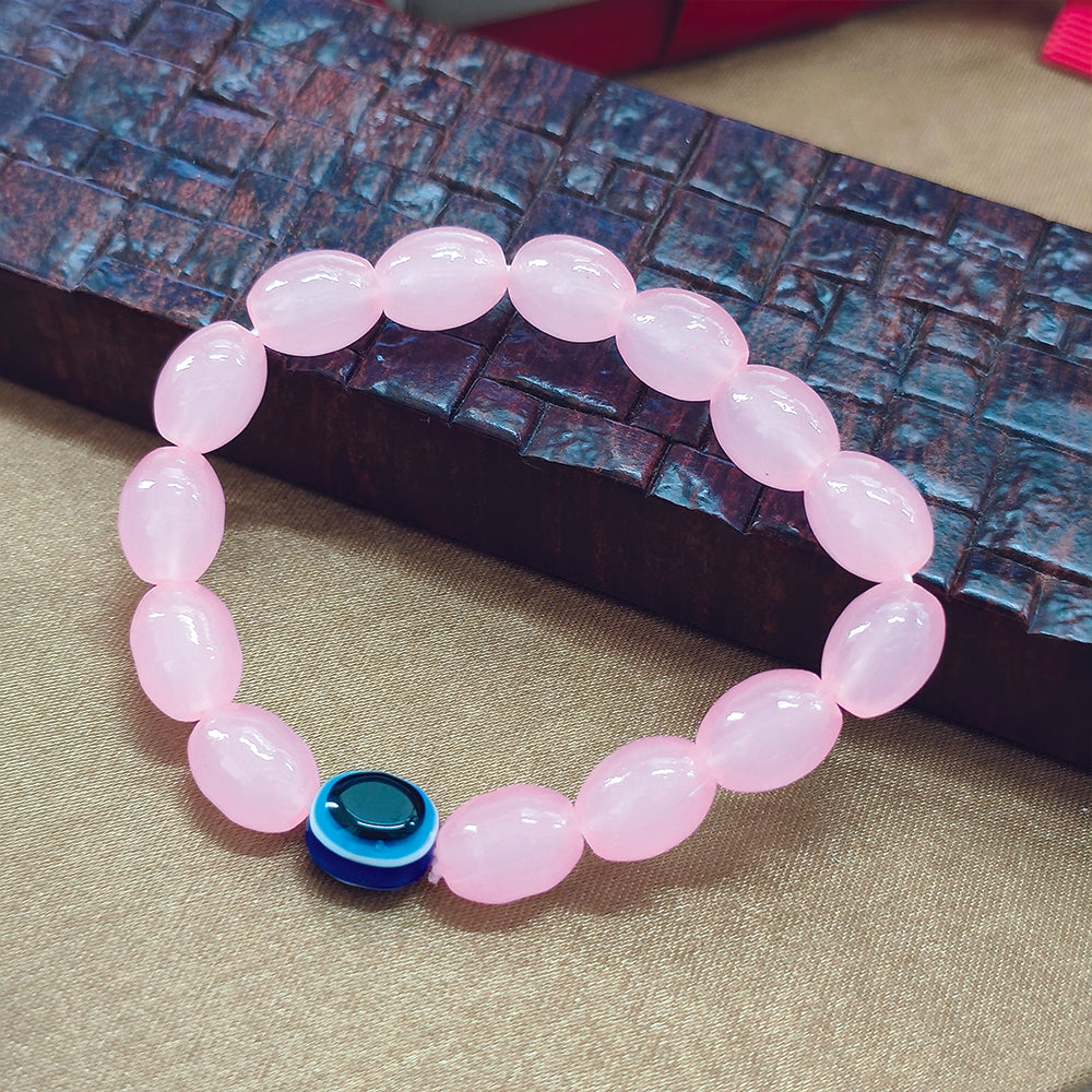 JewelMaze Pink Glass  Evil Eye Beads Bracelet
