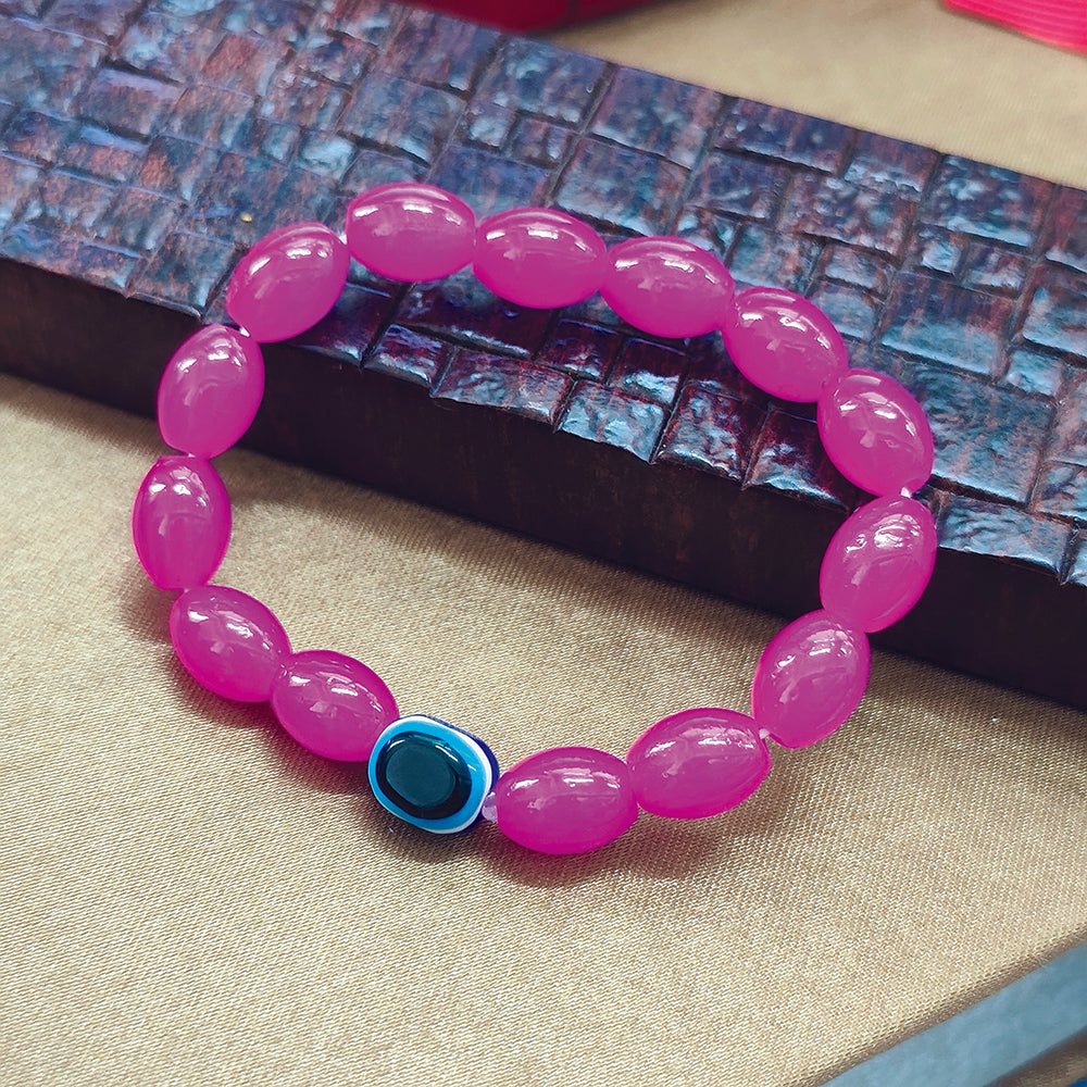 JewelMaze Dark Pink Glass Evil Eye Beads Bracelet