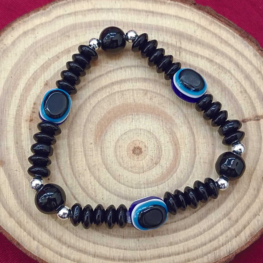 JewelMaze Black Glass Evil Eye Beads Bracelet
