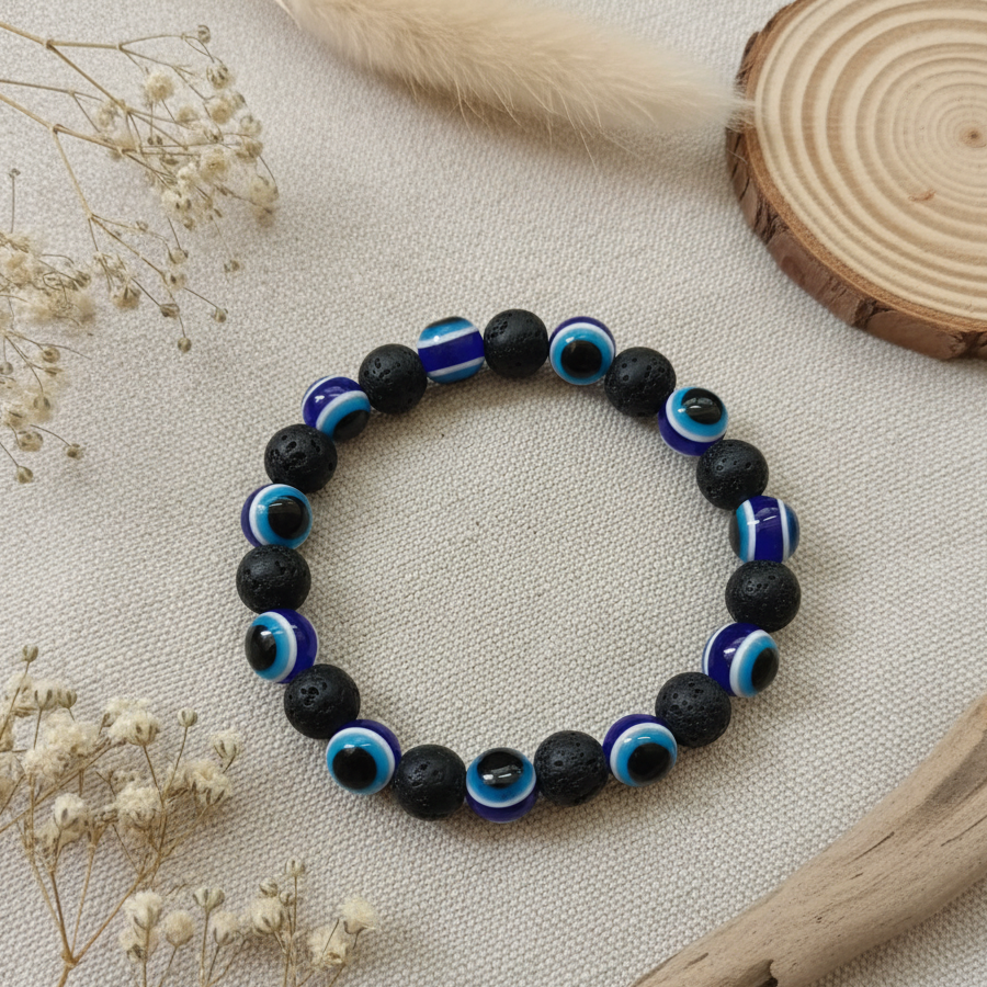 JewelMaze Black Lava Stone Blue Evil Eye Beaded Bracelet