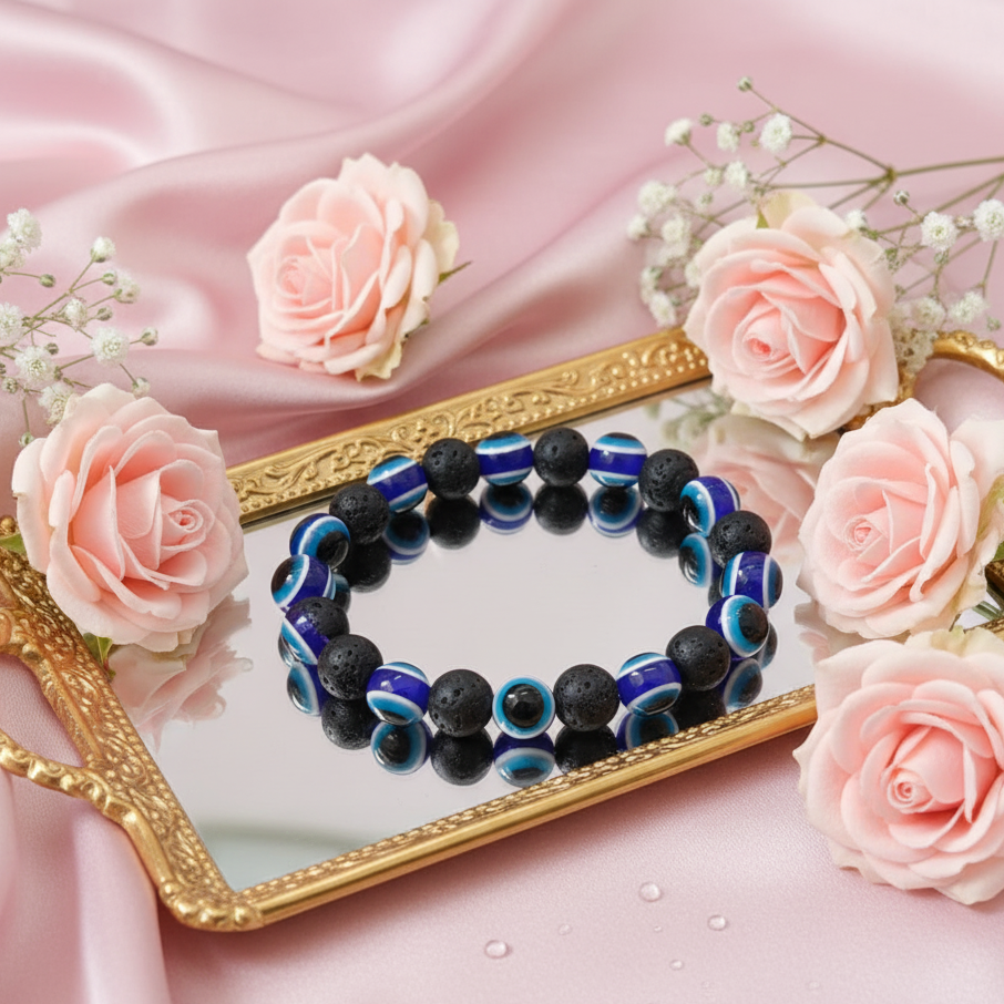 JewelMaze Black Lava Stone Blue Evil Eye Beaded Bracelet