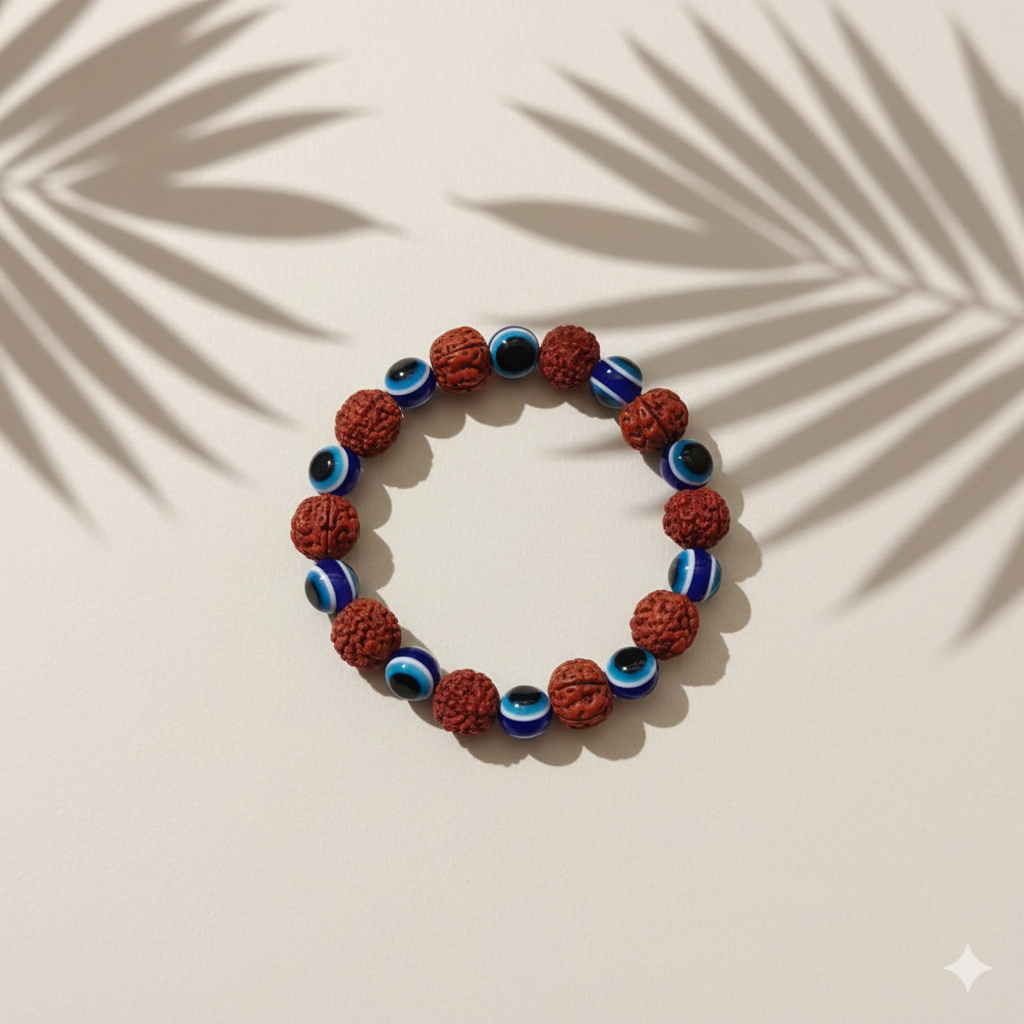 JewelMaze Evil Eye And Rudraksha Stretchable Bracelet