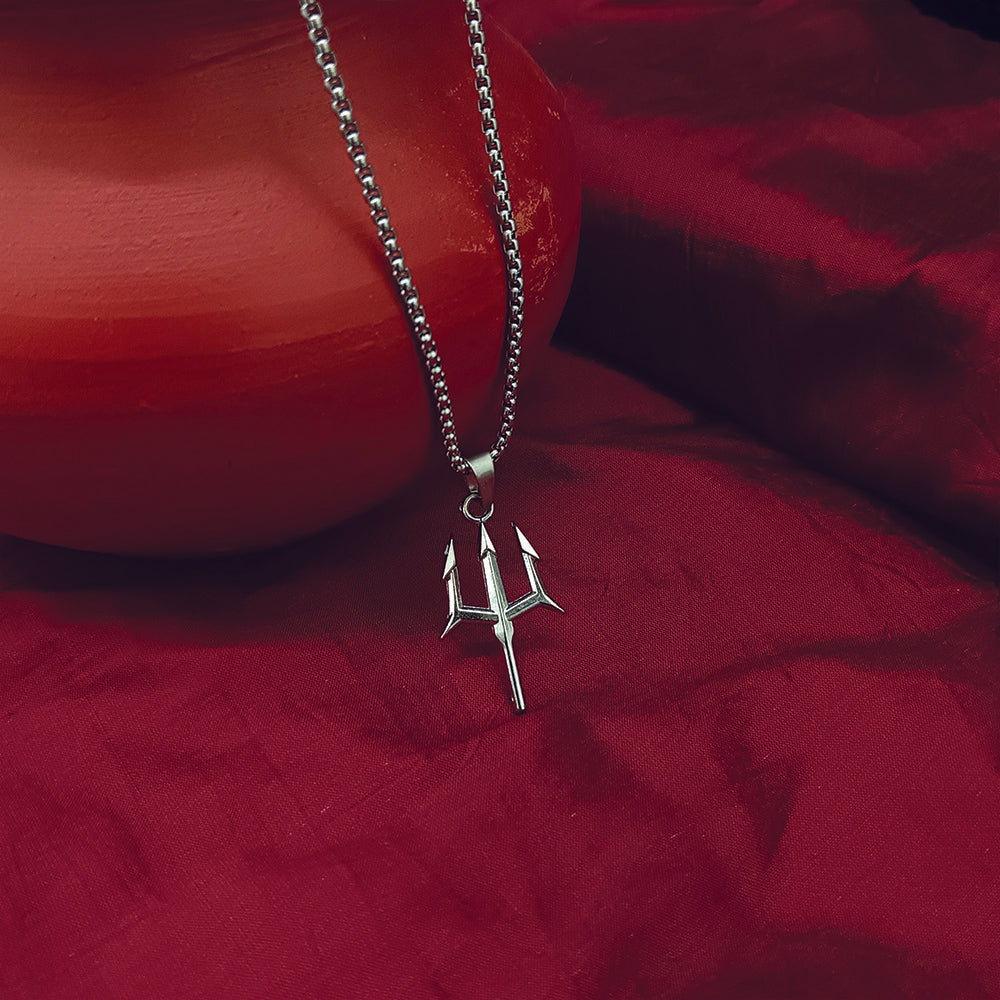 JewelMaze Silver Plated Trishul Chain Pendant for Men