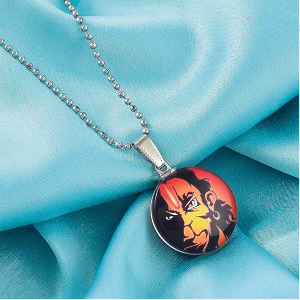 JewelMaze Glass Framed Orange Enamel Hanuman Locket Chain Pendant