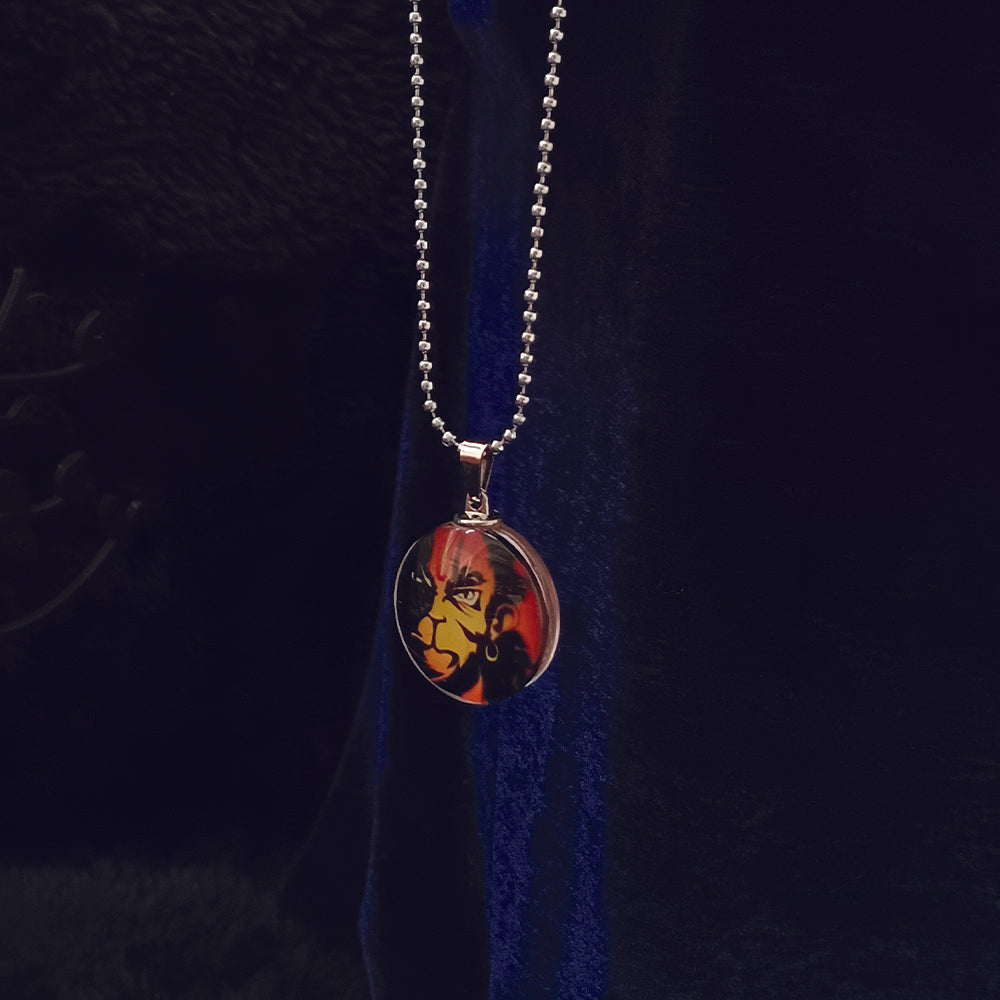 JewelMaze Glass Framed Orange Enamel Hanuman Locket Chain Pendant