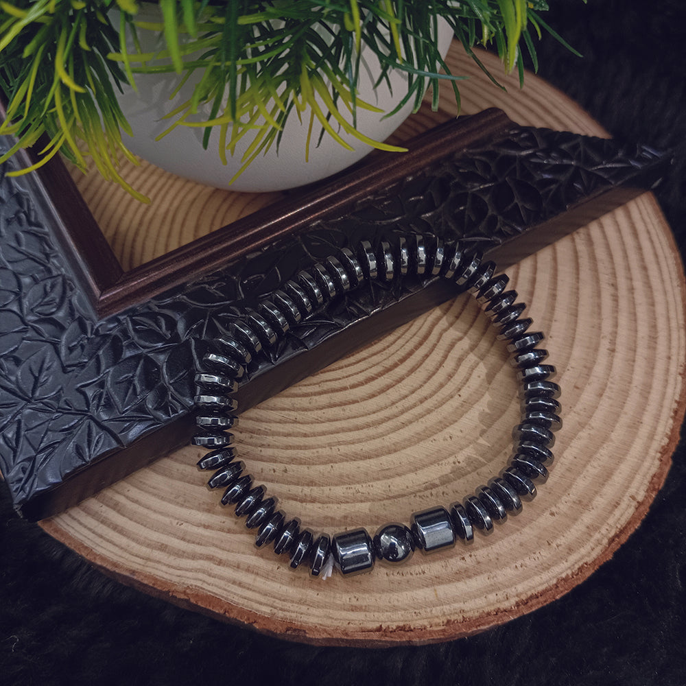 JewelMaze Hematite Disc Beaded Stretch Bracelet Men