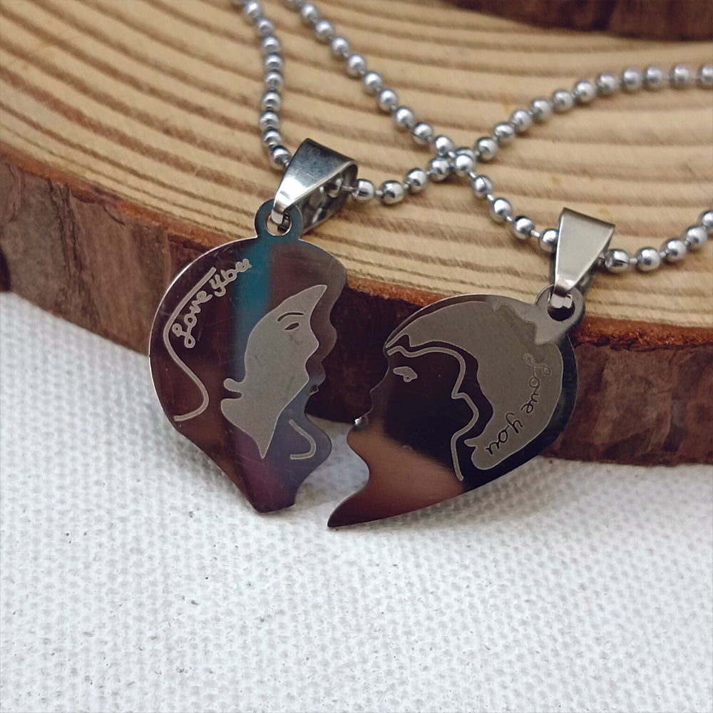 JewelMaze Heart Shape " Love YOU" Couple Chain Pendant- 1404882