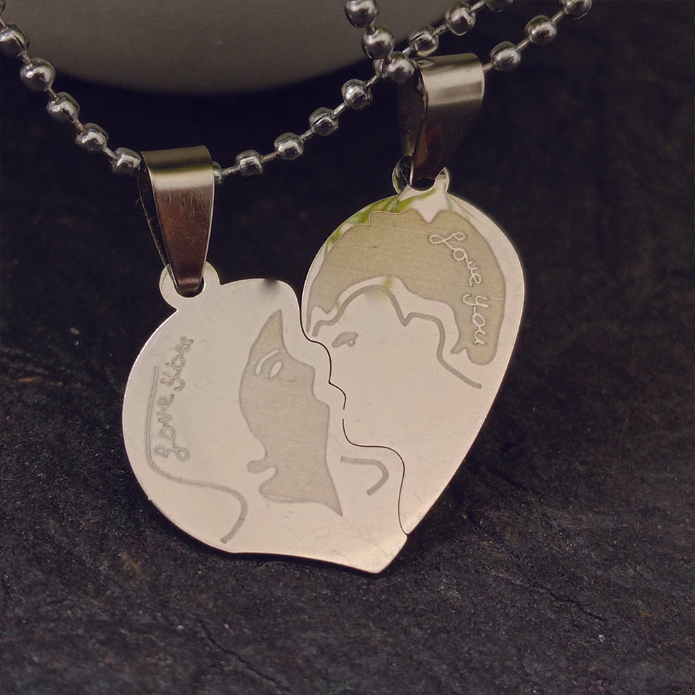 JewelMaze Heart Shape " Love YOU" Couple Chain Pendant- 1404882