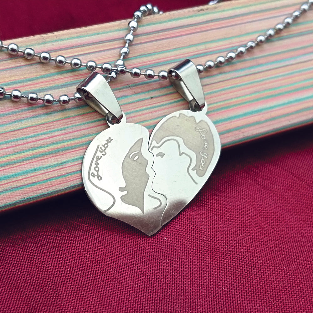 JewelMaze Heart Shape " Love YOU" Couple Chain Pendant- 1404882