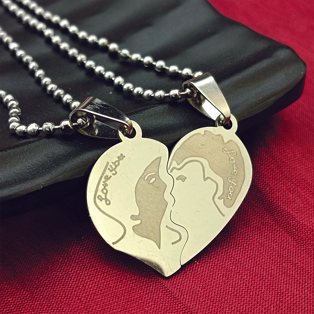 JewelMaze Heart Shape " Love YOU" Couple Chain Pendant- 1404882